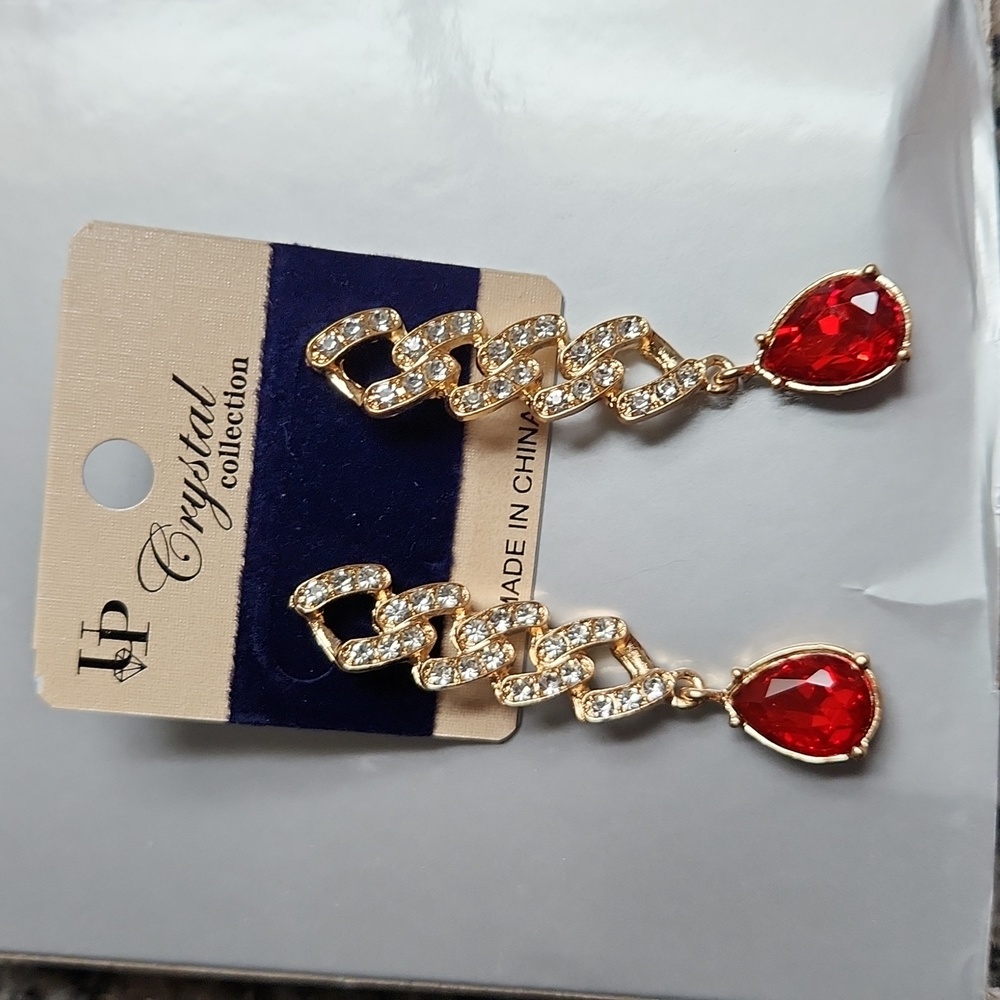 New Crystal Collection gold one CZ dangle earrings red‎